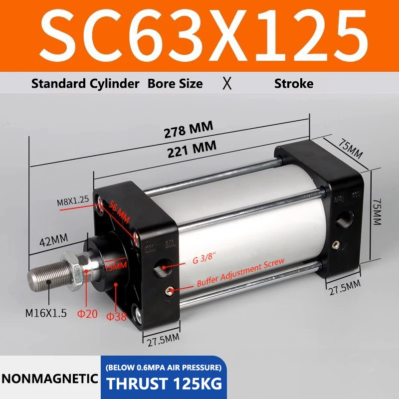 ABILKEEN SC63X125 Standard Pneumatic Cylinder 63mm Bore Size X 125 MM Stroke Double Acting Air Standard Cylinder