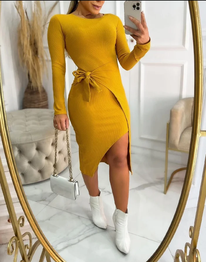 

Yellow Round Neck Long Sleeved Dress with Lace Up and Waist Cinching Details Asymmetrical Hem Hip Hugging Sexy Casual Long Dress