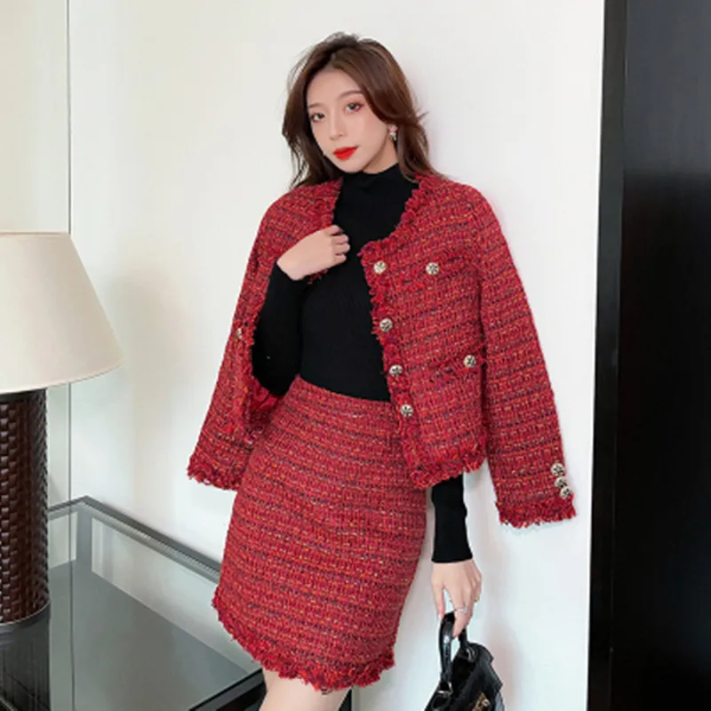 Autumn Winter Red Wool Tweed 2 Piece Set Women Golden Single Breasted Long-Sleeved Jacket Coat + Tassel Mini Skirt Suit