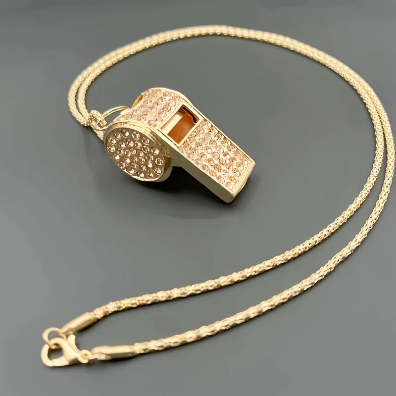 Rhinestone Whistle Pendant Necklace, Gold‑Tone Bling Crystal Whistle That Can Blow, Hip Hop Fashion Statement Jewelry for Gift