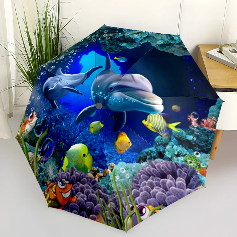 

Ocean Coral Dolphin Folding Umbrella Fashion Auto-Open Design 8 Iron Ribs Plastic Handle Foldable Sunshade Perfec Christmas Gift