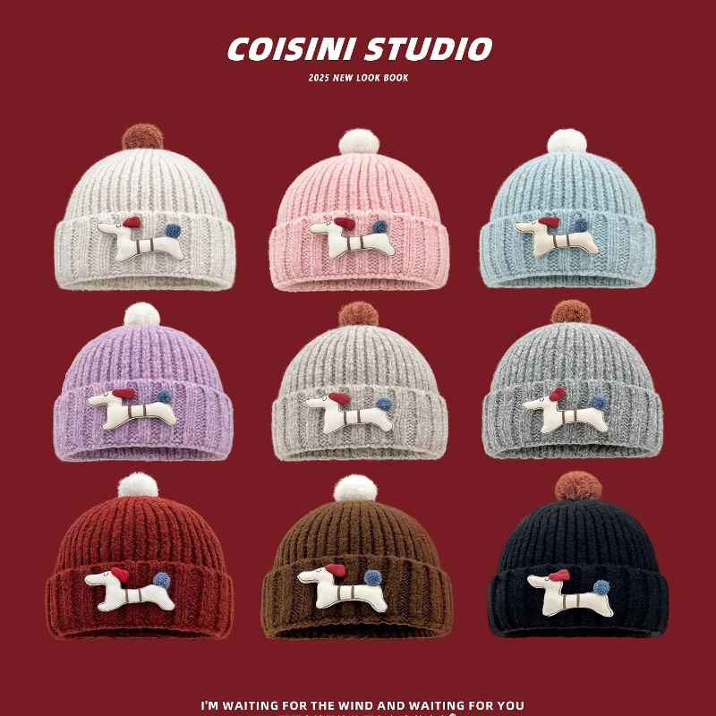 

Корейская версия, милый щенок, шапочки с помпоном для женщин, осенне-зимние теплые универсальные пуловеры для путешествий, мужские шапки