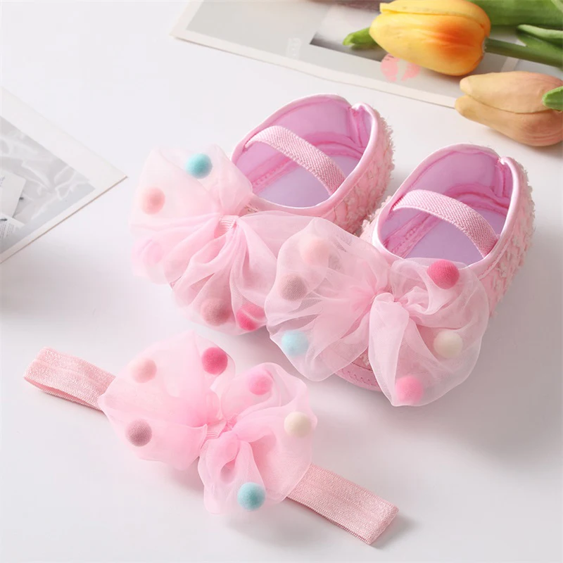 Baby Girls Mary Jane Flats with Bowknot Headband Infant Floral Bow First Walker Crib Shoes Princess Wedding Dress Shoes