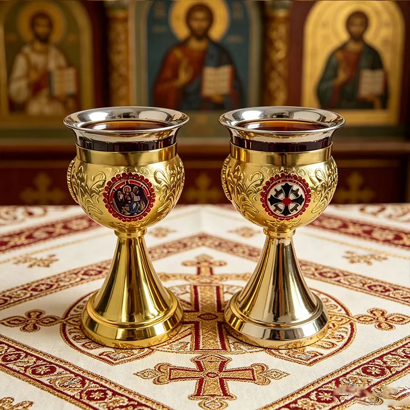 New Gold Plated Orthodox Chalice with Enamel Icon & Cross Inlay for Priest Liturgy Church Altar Holy Communion Religious Service