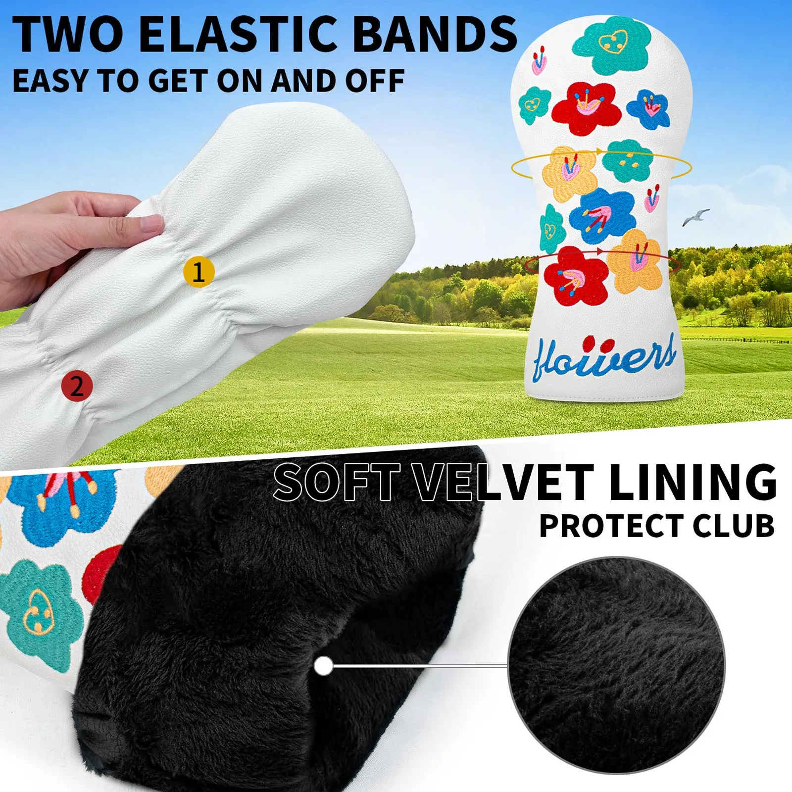 Flower Embroidery Water Resistant PU Leather Golf Club Head Cover Elastic Band Headcover with Velvet Lining for Golfing Training view 4