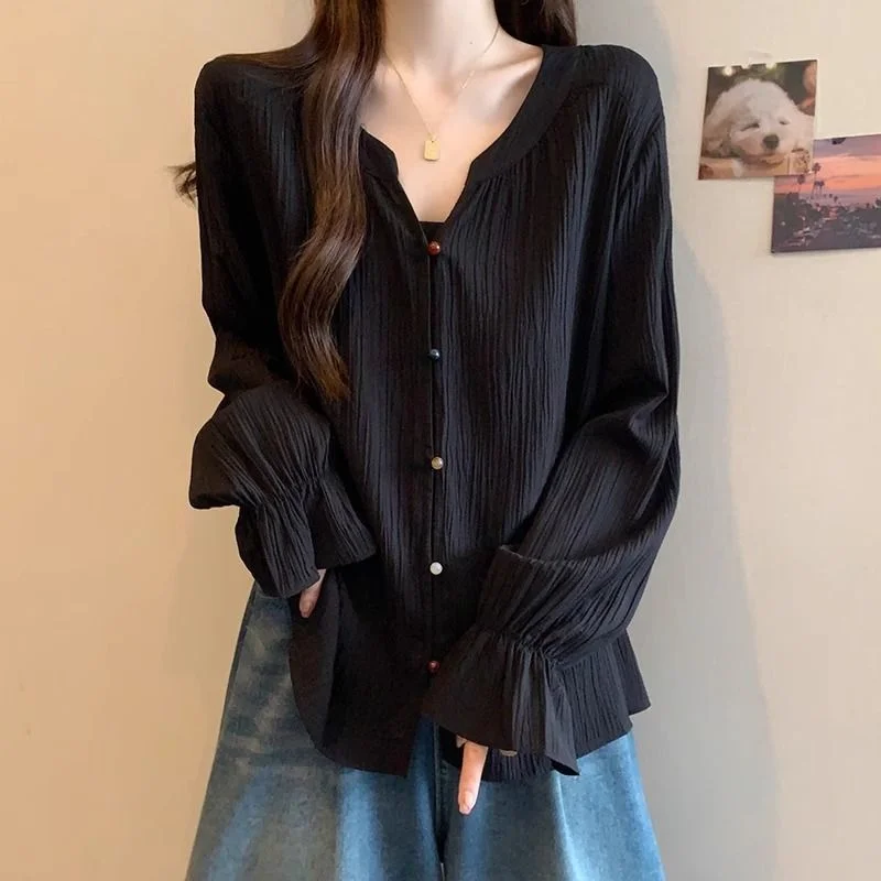 

Women's French Ruffle Shirt Women's Loose V-neck Top