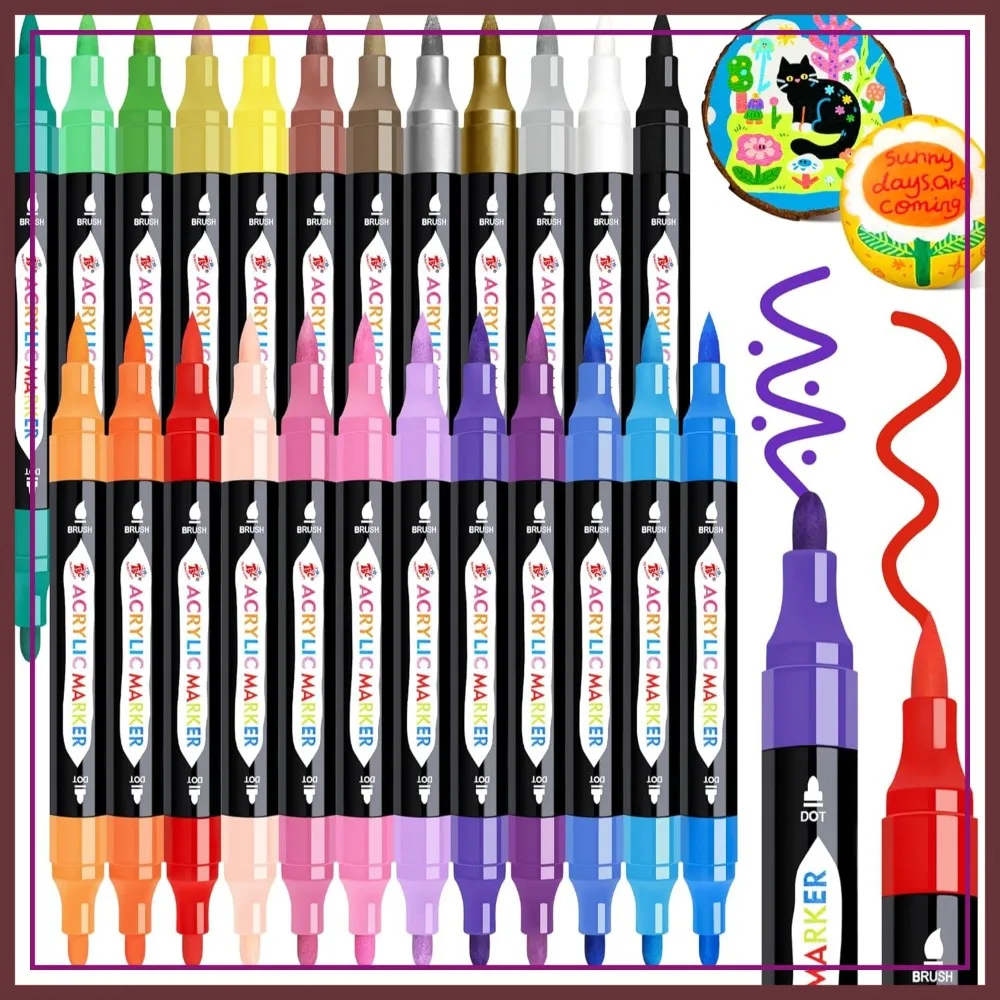 

24 Colors Dual Tip Acrylic Paint Markers, Waterproof, Non-Toxic, Odorless for Paper, Pottery, Stones, Glass