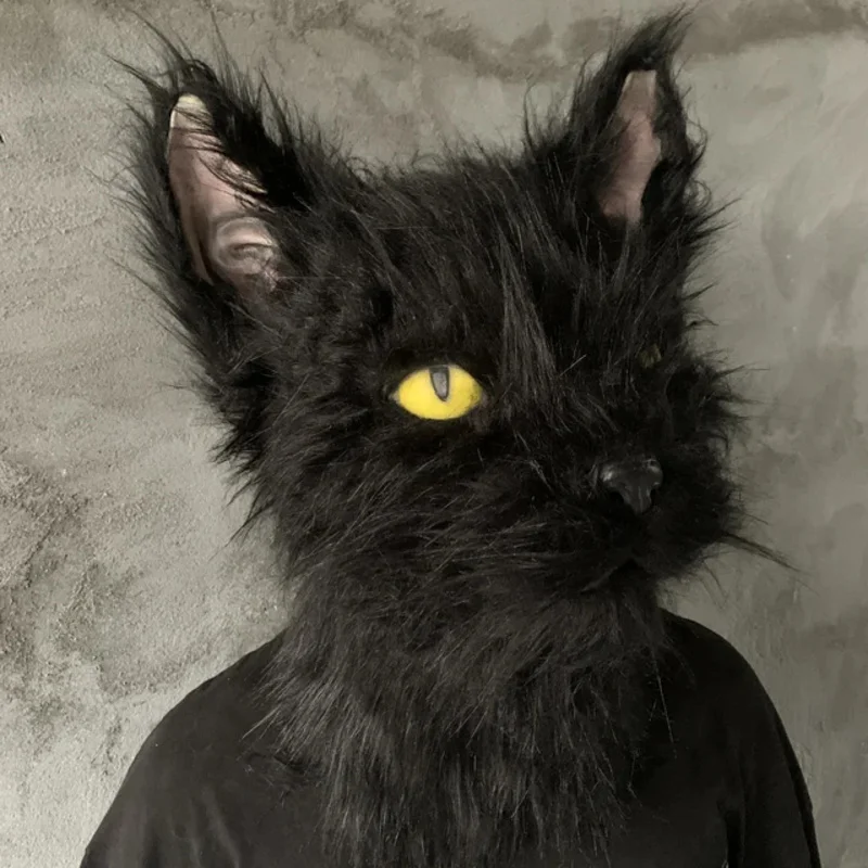 Lateks z futrzanym czarny kapelusz Cosplay maska straszny kask śmieszny kostium kaptur zwierzę maseczka do włosów nakrycia głowy dla dorosłych jeden rozmiar