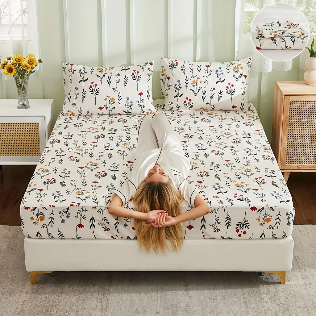 Multicolor Floral Print Polyester Fitted Sheet Set Modern Minimalist Style Bedding Collection Fresh Look for Your Bedroom