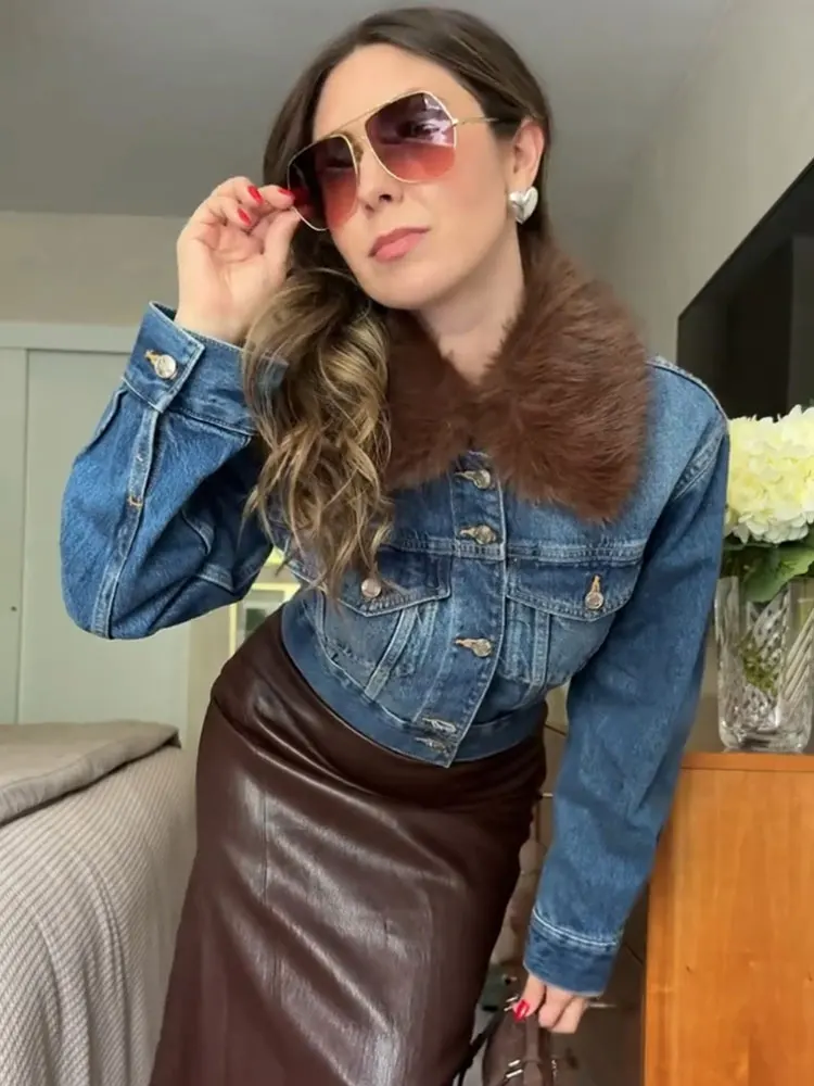 HH 2025 الخريف المرأة الدنيم سترة واحدة الصدر طويلة الأكمام فو الفراء طوق الدنيم سترة معطف موضة أنيقة امرأة ملابس خارجية