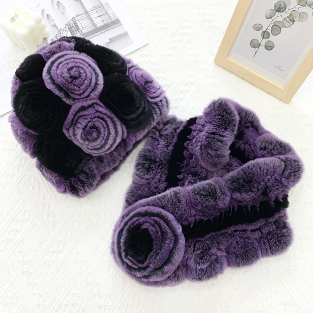 New Women Winter Fur Hat Scarf Sets Natural Warm Real Rex Rabbit Fur Cap Scarves Lady Knitted Warm 100% Genuine Fur Hats Muffler