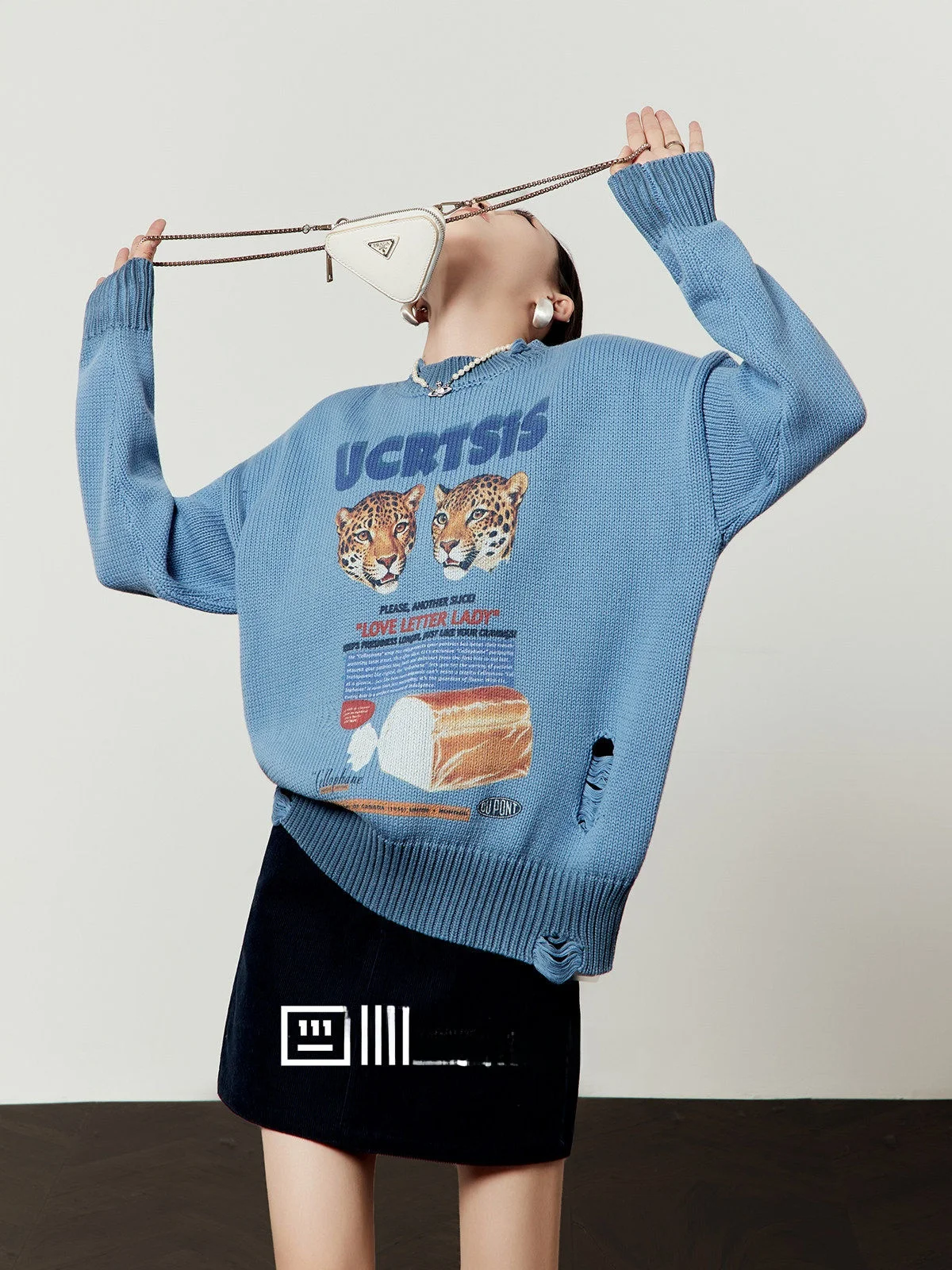 

Blue Loose Women's Sweater Double Leopard Toast Vintage Sle Long Sve Printed Casual Versatile Top for Winter Season