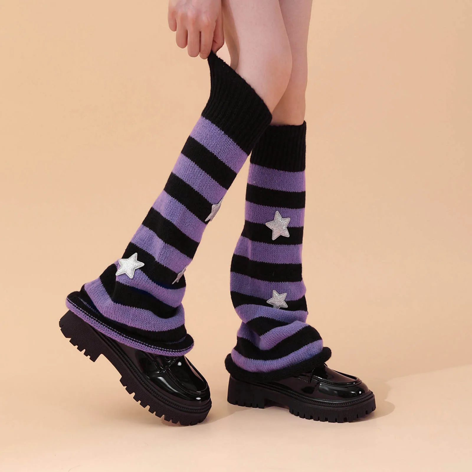 

Women Y2k Striped Stockings Autumn Winter Thicken Star Printed Acrylic Sock Sleeves Japanese Style Vintage Long Foot Warmers