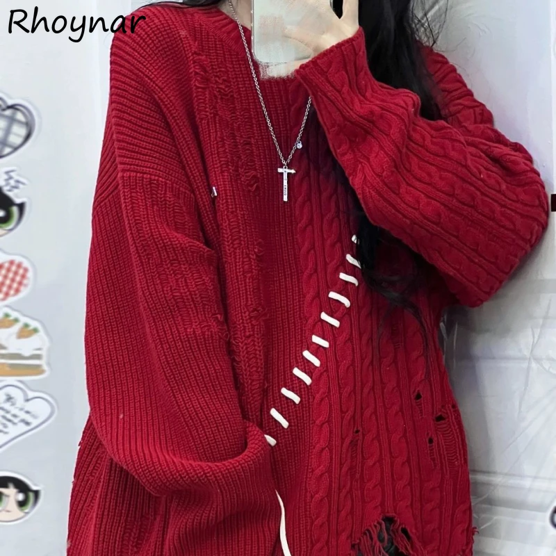 Y2k Sweater Pullovers Women Ripped Tassel Teens Hotsweet Cool Designer Streetwear American Retro Fashion Knitwear Pull Femme Top