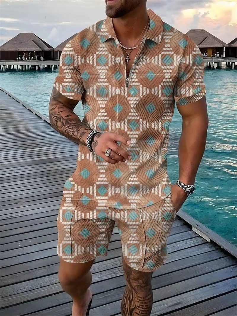 

New Summer Tracksuit Men's 2 Piece Set 3D Printed Polo Shirt Short Sleeve T Shirt And Short Casual Zipper Collar Man Clothing