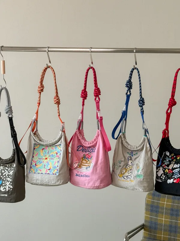 Embroidered Nylon Shopping Bag Single Shoulder Crossbody Bag Lightweight Eco-friendly Handbag for Women Travel Bag with Handle