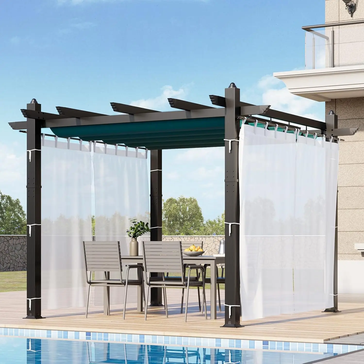 

10x10 Ft Retractable Outdoor Pergola with Canopy and Side Mesh Upgraded Gray Aluminum Pergola Modern Pavilion for Backyard Patio