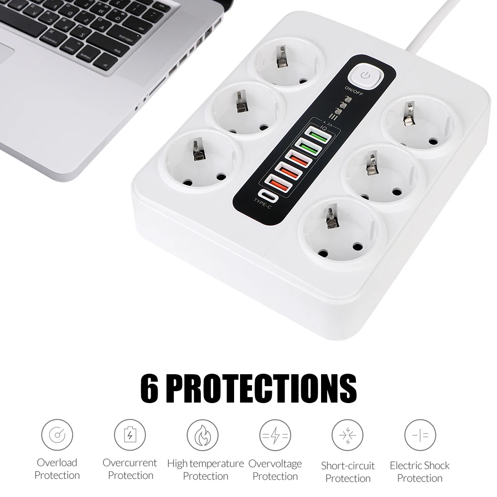 Extension Socket With Safety Switch Power Strip For Office Home EU Plug 3000W 2M Cable Overload Protection USB Type C