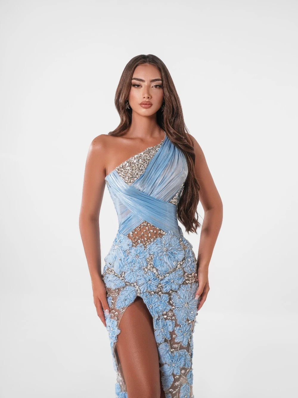 Blue Ruched One Shoulder Evening Dress Floral Sexy High Slit Straight Prom Cocktail Gown Customized Shiny Beaded Wedding Guest