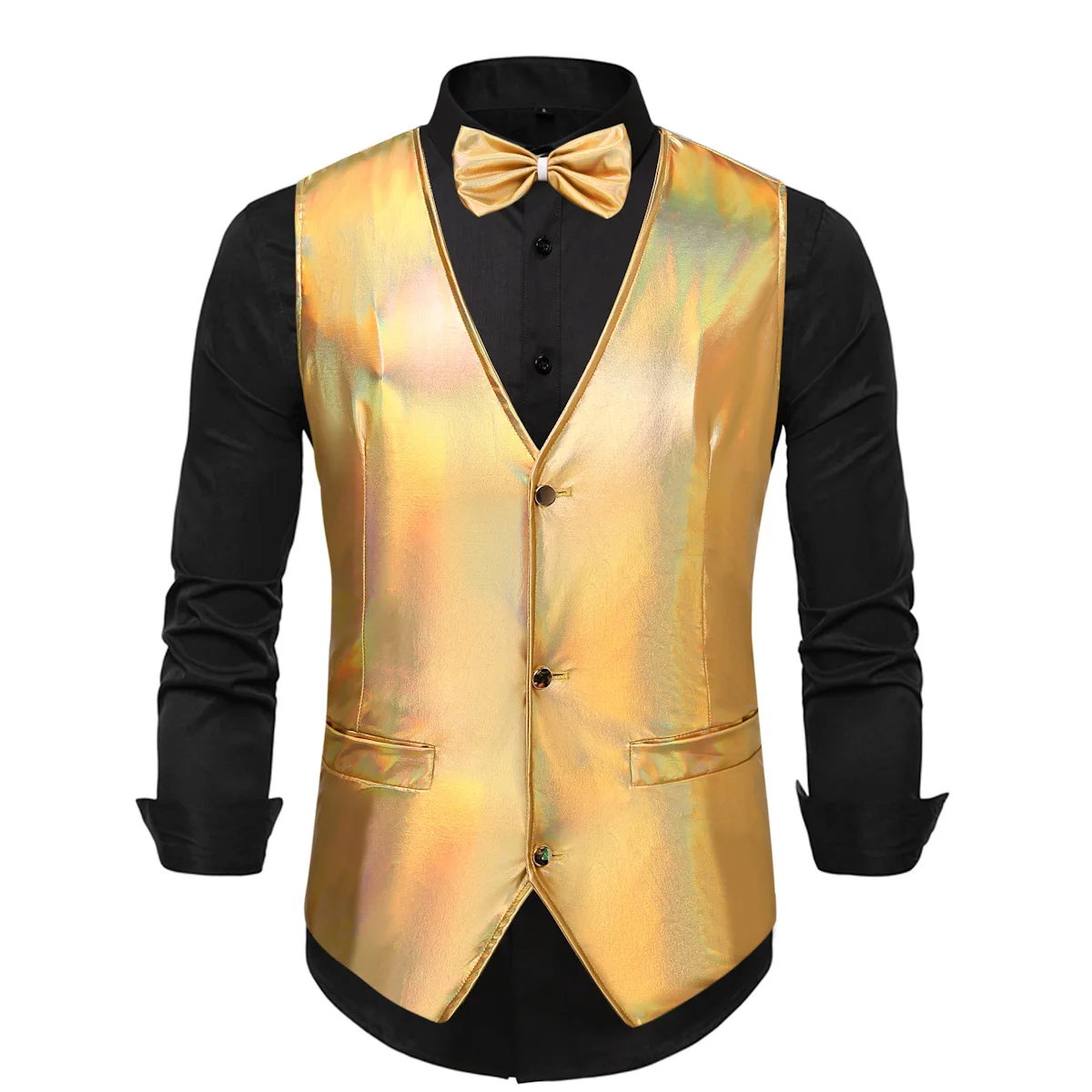 

Mens Shiny Gold Metallic Suit Vest DJ Nightclub Dress Vest Waistcoat Men Party Wedding Prom Stage Singers Suit Vests with Bowtie