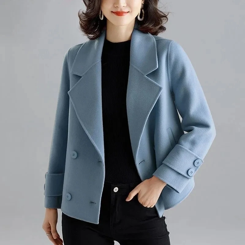 New Double-Sided Wool Coat Women\'s Short High-End Casual Tweed Suit Jacket Blend Wool Coat Black Double Breasted Blazer Female