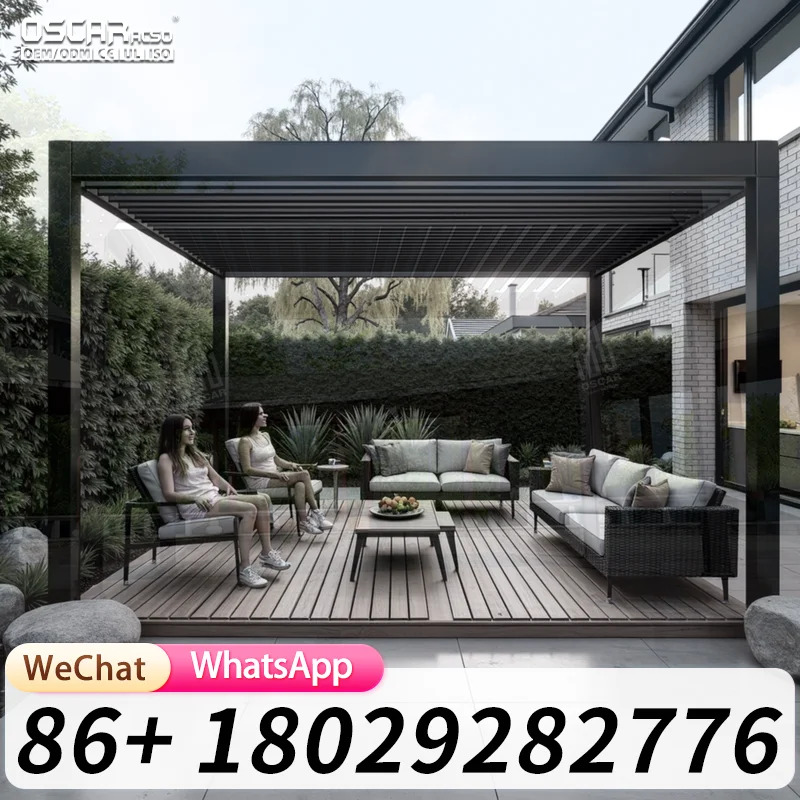 Outdoor Aluminum Pergola Bioclimatic Garden Building Patio Powder Coated Metal Frame Screen Optional Furniture Backyard Gazebo C