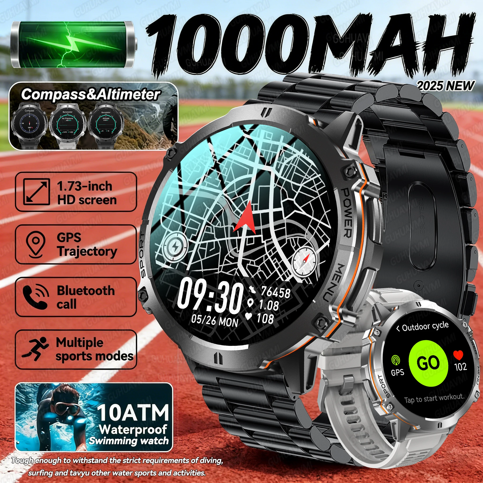 

New Outdoor Smartwatch Men 900mAh Big Battery 1.73" AMOLED Screen 466*466 Compass Barometer Bluetooth Call Sport Watch Android