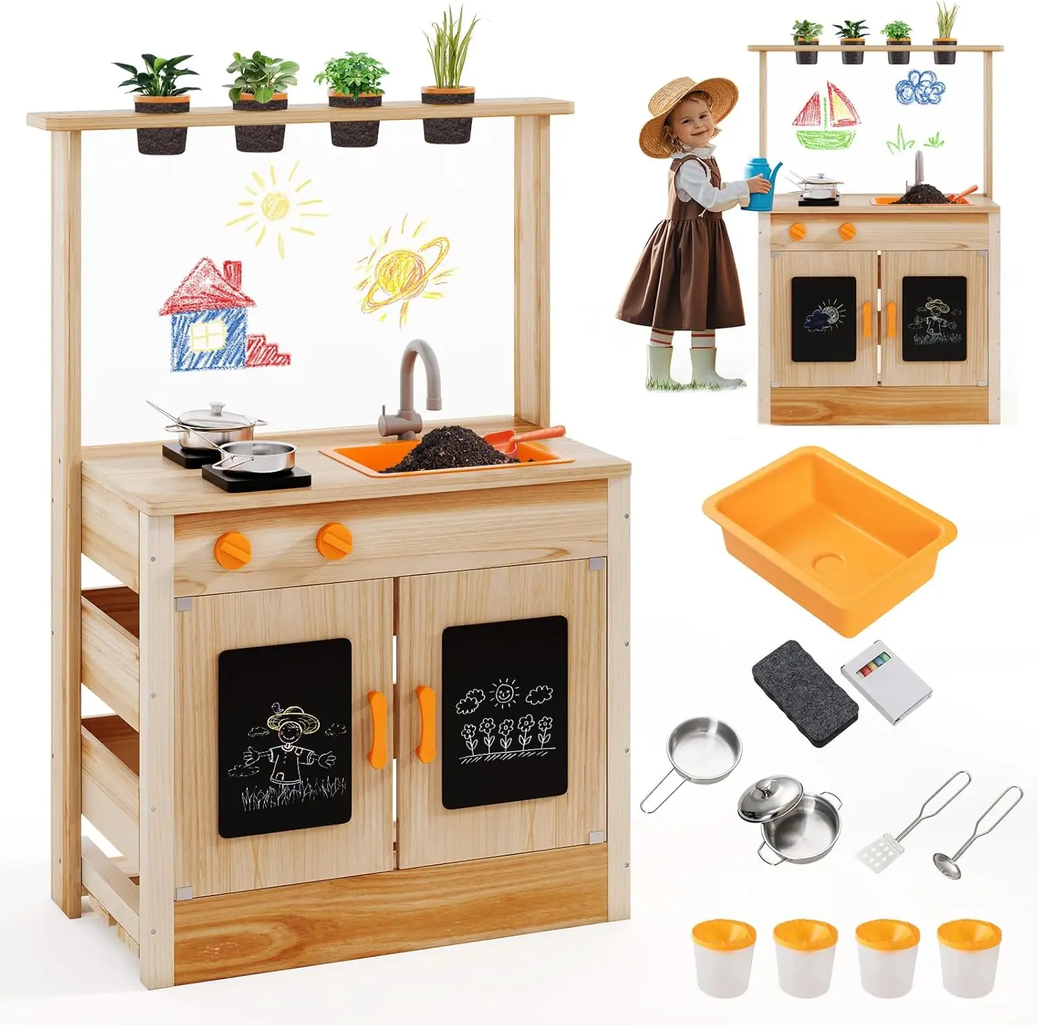 Cozinha de lama, cozinha de brincar ao ar livre de madeira de abeto para crianças, 4 copos de plantio, panelas, torneira e pia, placa acrílica diy e blackboard