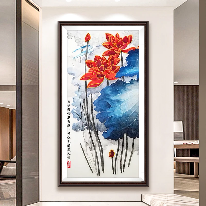 

Gold Thread Lotus Hand Embroidery Cross Stitch 2026 New Style Luxury Living Room Vertical Handmade Floral Cotton Fabric