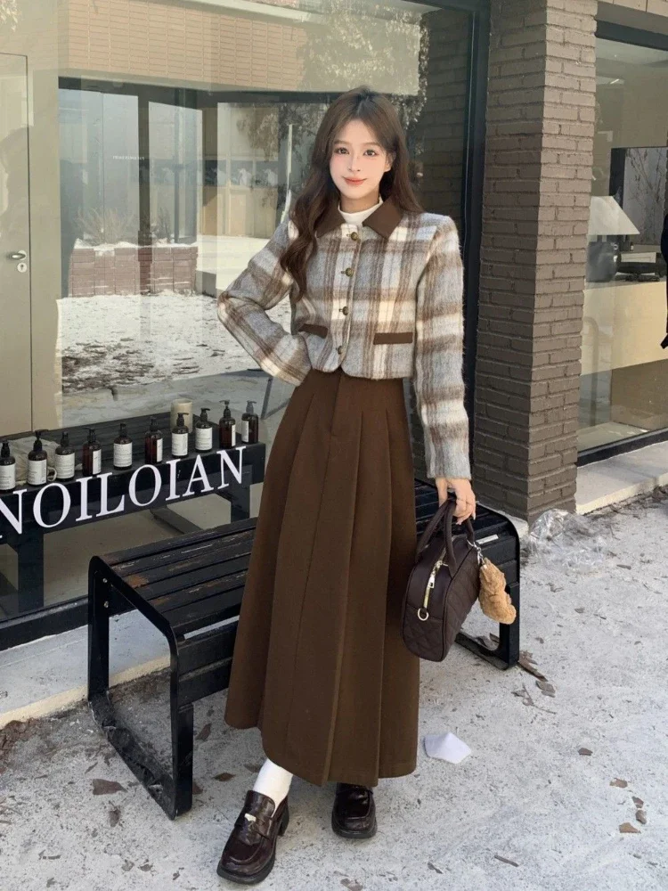 Korean Winter Outer Vintage Plaid Short Jacket Turn Down Collar Coat Pleated Long Skirt Fashion Elegant Two Piece Set for Women