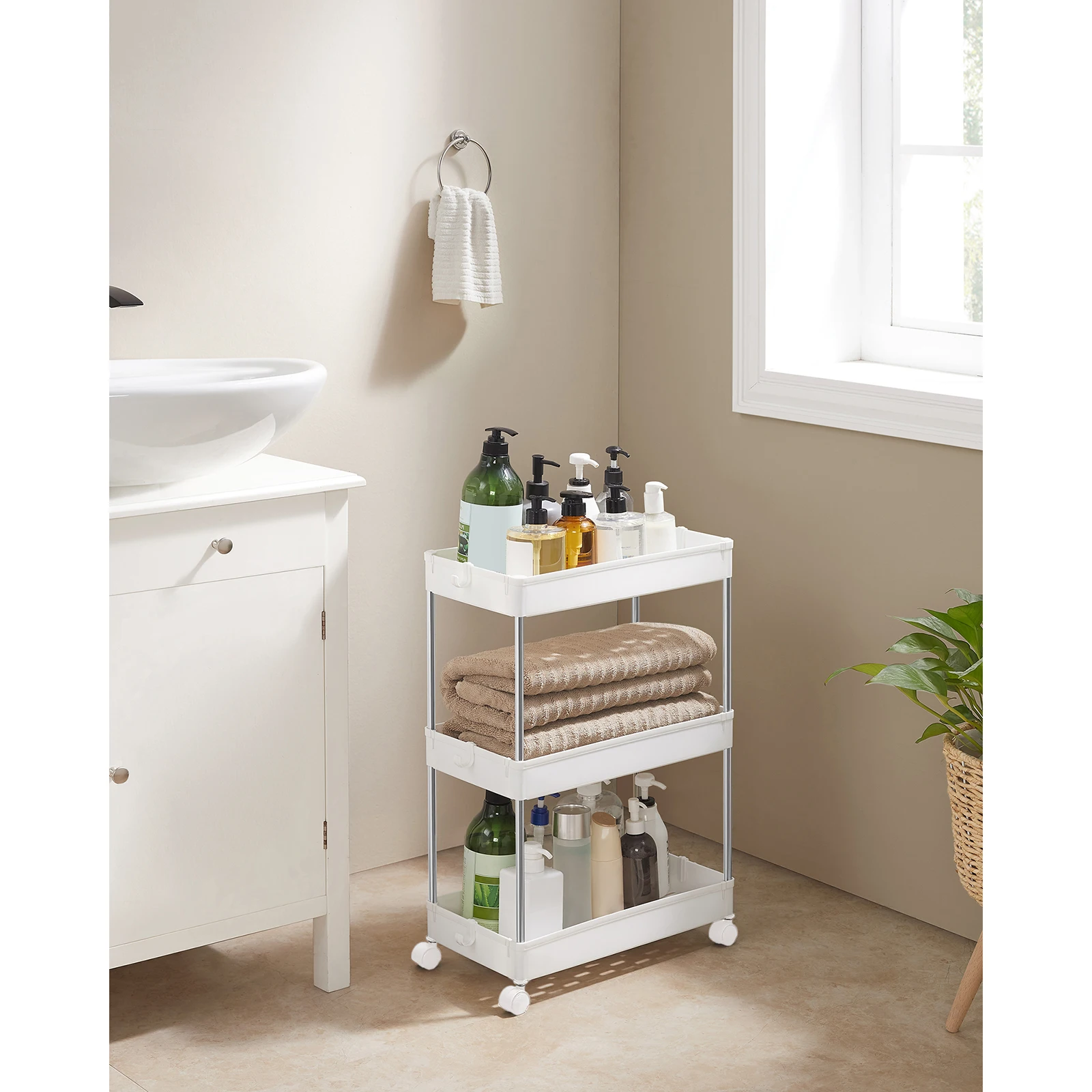 SONGMICS Storage Trolley, Rolling Shelf, 3 Levels, Space-Saving, for Bathroom, Kitchen, Office, 40 x 22 x 60 cm