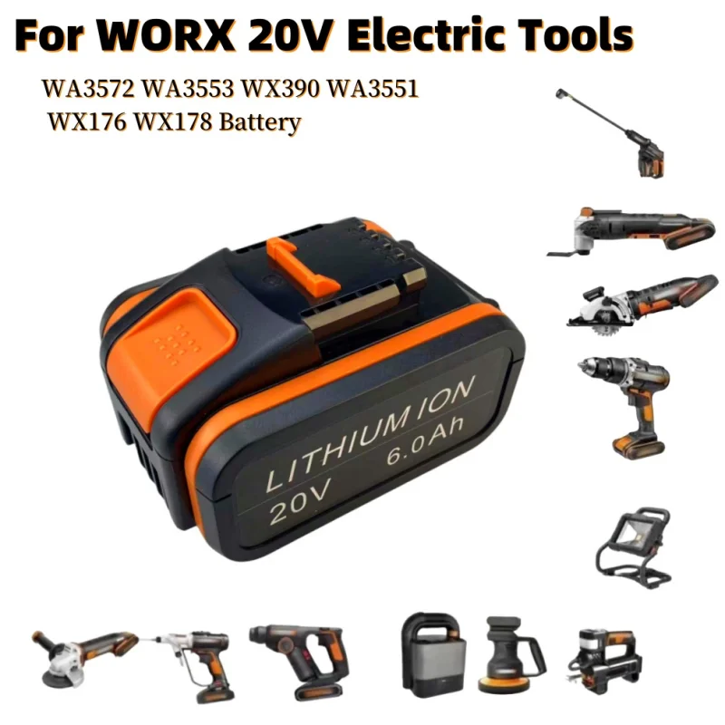 Batería inalámbrica WA3553 20V6.0Ah, herramienta eléctrica de repuesto para Worx WX390, WA3551, WX176, WX178