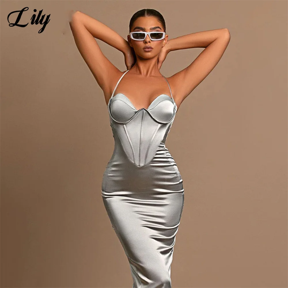 Lily Silver Sexy Trumpet Prom Dresses Halter Sleeveless Party Dresses Floor Length Evening Dresses Sweep Train فساتين السهرة