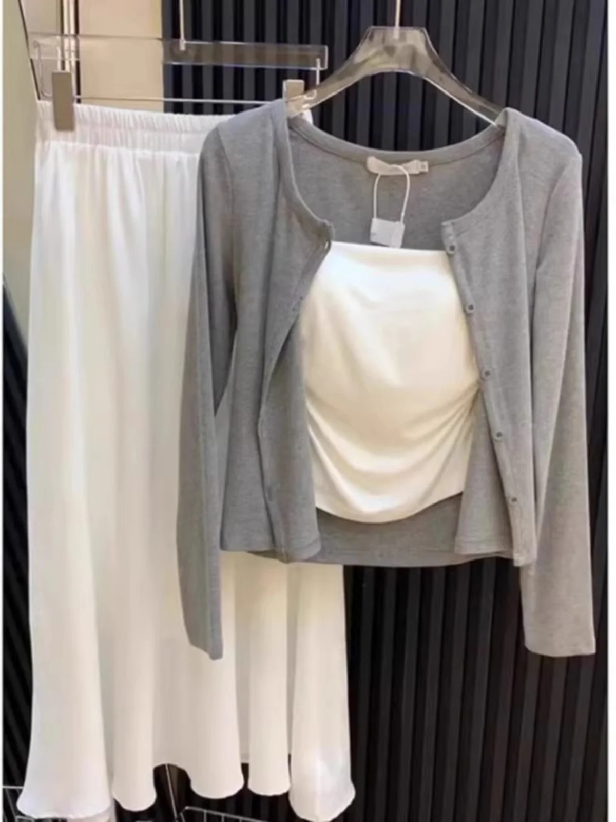 

Gray Ice Silk Knitted Sun Protection Cardigan Women's Thin Shoulder Shawl Summer Matching Halter Dress Short Cover up Two Pie...