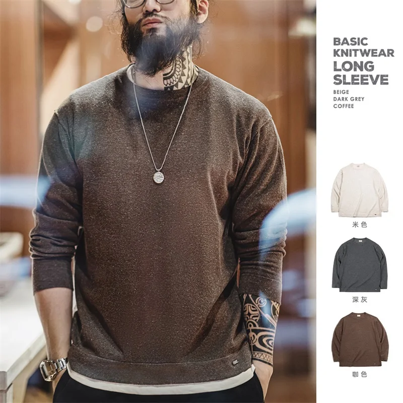 Maden Casual Blended Knit Long Sleeve T-shirt for Men Basic Soft Comfy Crew Neck Undershirt Amekaji Autumn Vintage Pullover Tops