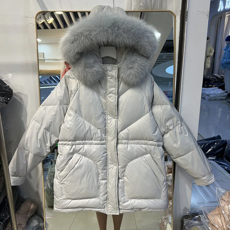 Chaqueta con capucha para mujer, abrigo de plumón de pato blanco, holgado, con cuello de piel de zorro Real, de lujo, cálido, para invierno, 2022, novedad de 90%