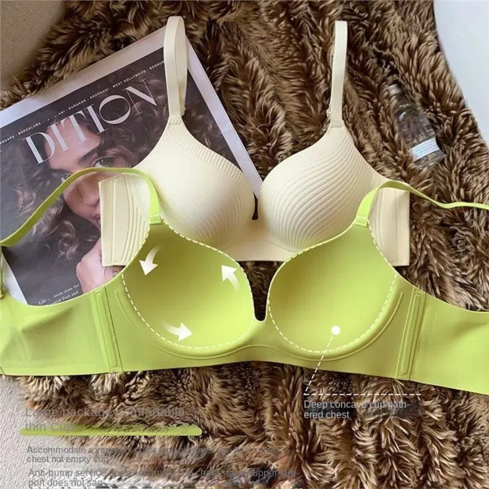 Solid Color Wireless Deep V Bra Close-fitting Anti-sagging Push Up Underwear Adjustable Gathered Breasts Seamless Bras Running