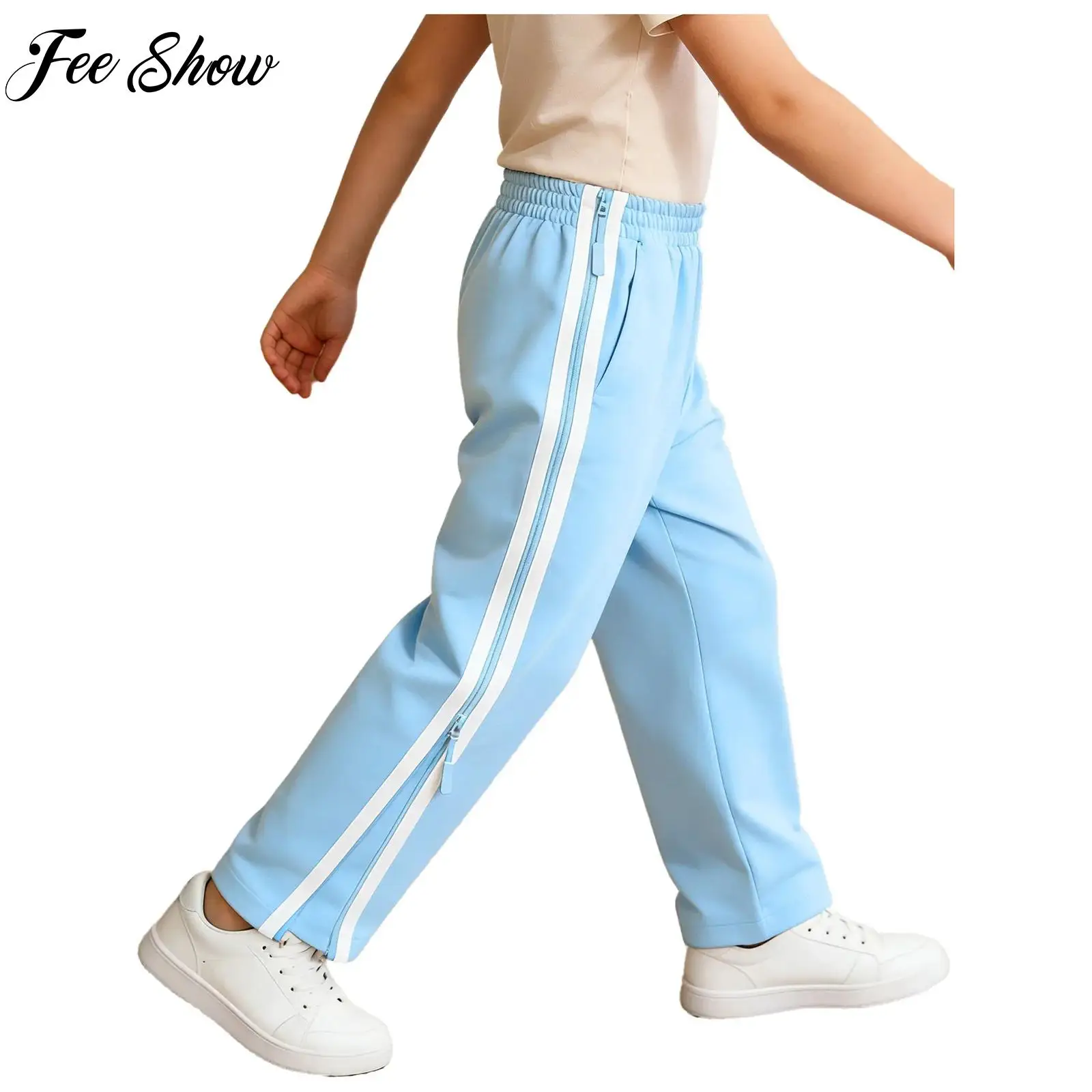 

Kids Boys Basketball Pants Double Side Zippers Sweatpants Contrasting Stripes Straight-Leg Pants Special Needs Adaptive Clothing