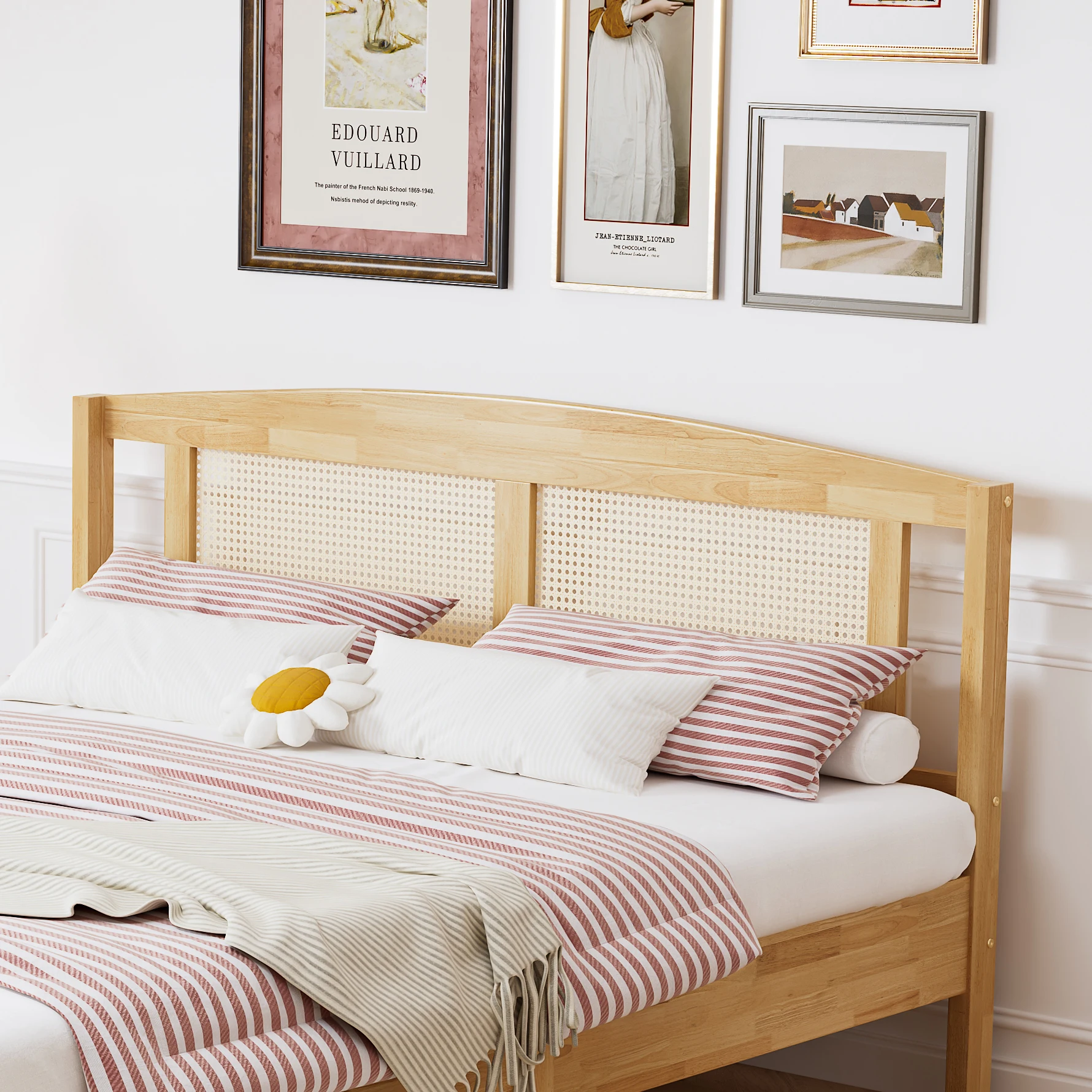 PINGGO Naturrattan-Doppelbett 160x200cm Kiefernholz PE-Rattan 15 Latten Mittelstützfüße Rattan-Netzkissen Ohne Matratze – Detail 16