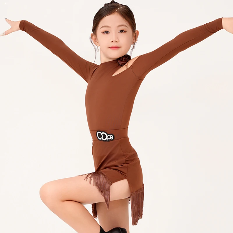 Kids Latin Dance Practice Clothes Girls Brown Fringe Dress Split Suit Long Sleeves Cha Cha Rumba Dance Performance Wear BL13549