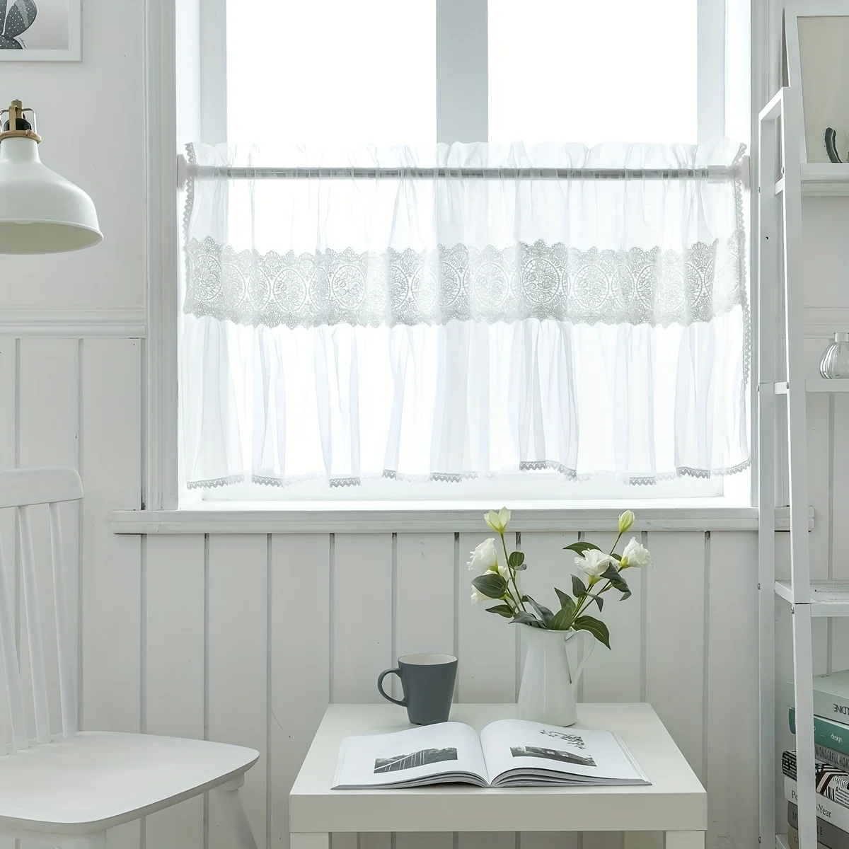 1Pc, French Pastoral Style White Modern Coffee Curtain, Restaurant Cafe Balcony Decoration Bay Window Partition Small Curtain