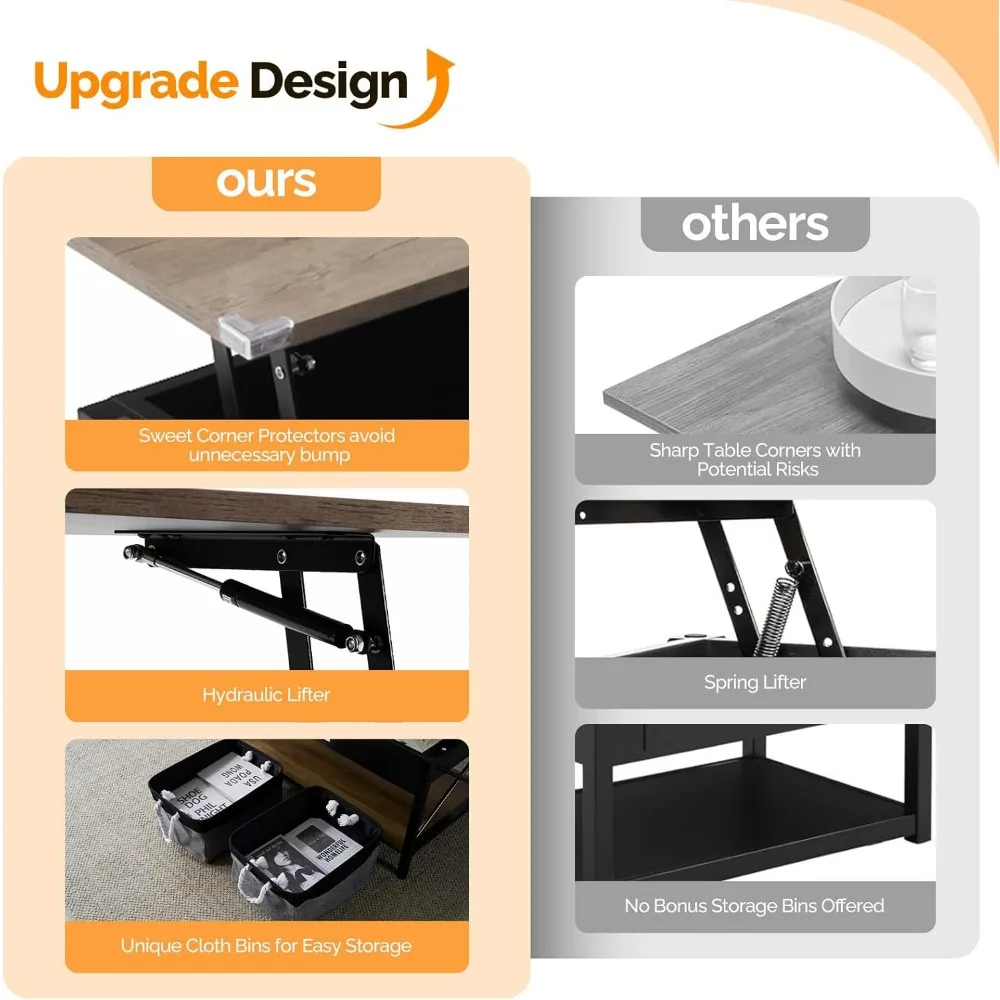 Vingli 36-inch Lift Top Coffee Table with Cloth Storage Bins, Rustic Grey Living Room Coffee Table, Modern Small