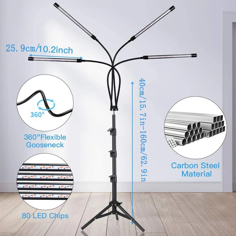 Lampe horticole de croissance LED avec trépied, USB, pour culture hydroponique, plantes d'intérieur, serre, légumes, fleurs