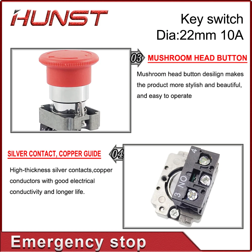 Hunst Emergency Stop Button NC Key Switch NO AC15 10A for CO2 Laser Engraving Cutting Machine