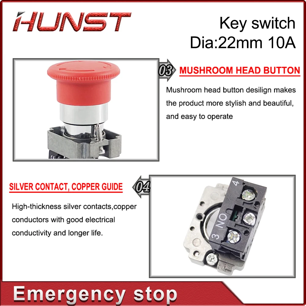 Imagem -05 - Hunst Botão de Parada de Emergência Interruptor Chave nc Co2 Gravura a Laser Máquina de Corte Não Ac15 10a