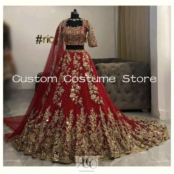 Burgundy Lehenga Choli Indian prom Dresses with Wrap Veil Ethnic Two Pieces Sparkly Muslim Chunri Bridal Gown Customized evening