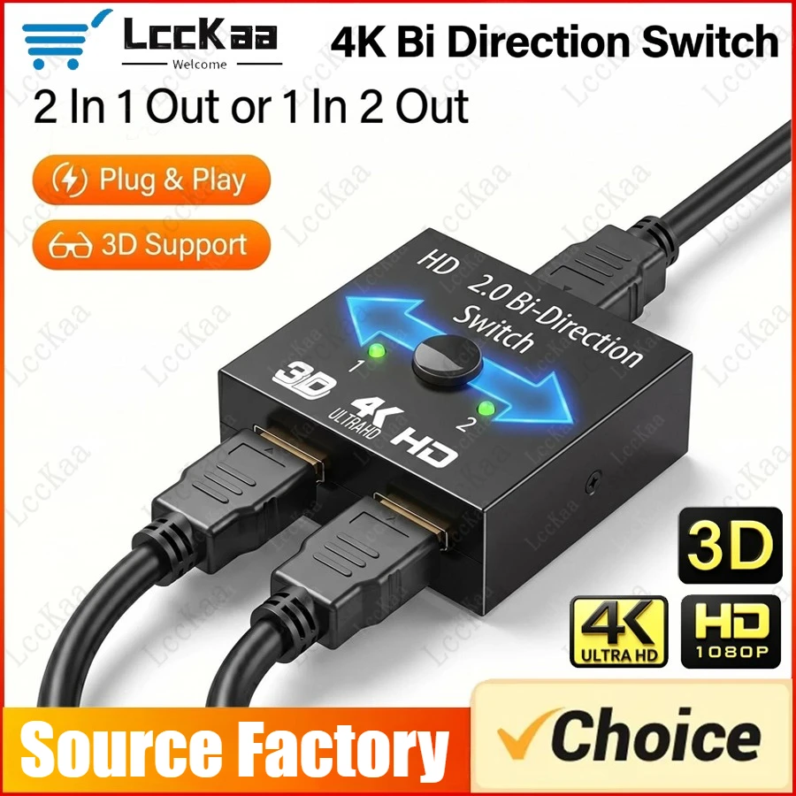 4K Bi Direction Switch HDMI-Compatible 2.0 Switch Splitter 1x2 2x1 Dual 2 Ports Adapter Converter Supports Ultra HD 4K 1080P 3D