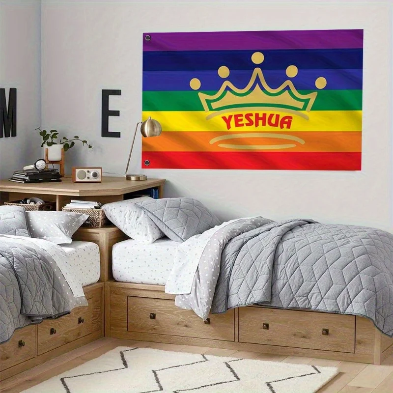 Yeshua Crown Rainbow Flag Christian Faith Decoration Durable Polyester Wall Art Banner