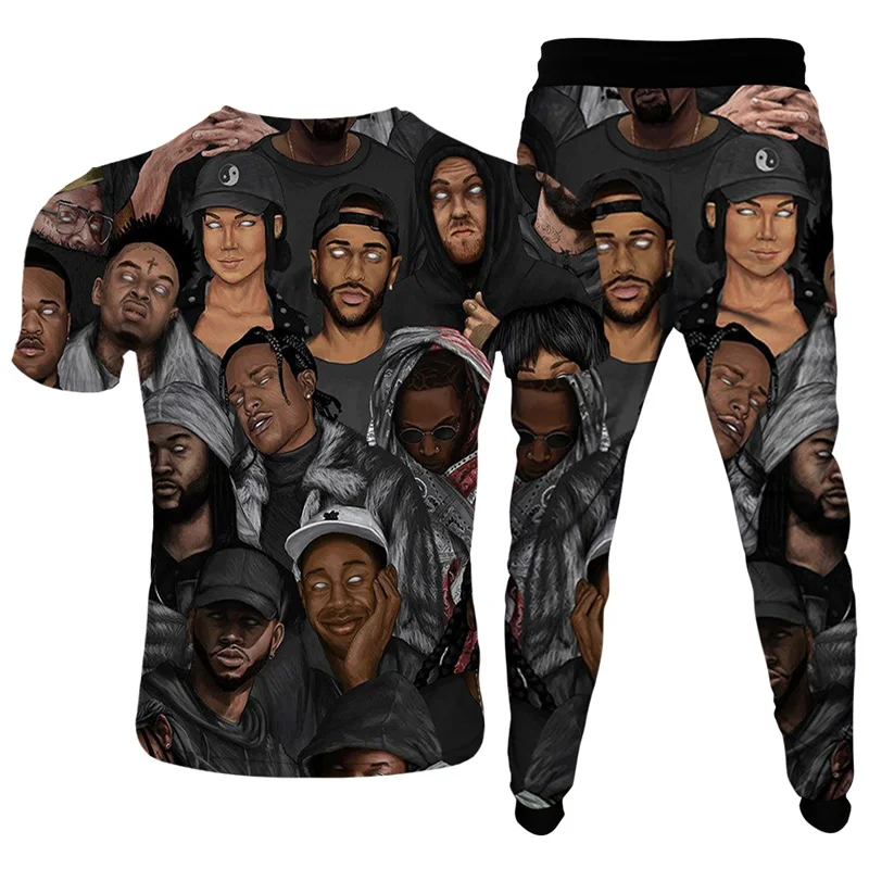 Tupac-chándal con estampado 3D de cantante de Rock para hombre, camiseta y pantalones, conjunto de 2 piezas, ropa de verano, S-6XL de gran tamaño,