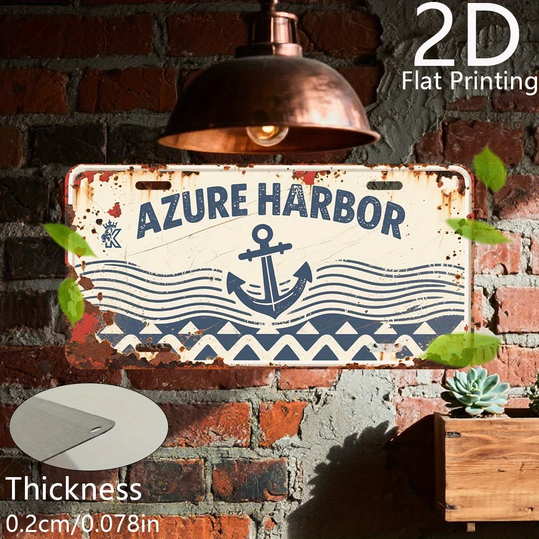 2D Flat, Vintage Aluminum Sign, 2D Flat Print, 1pc, Decorative Plaque and Ornament (15.24cm x 30.48cm), Azure Harbor Anchor, Wav